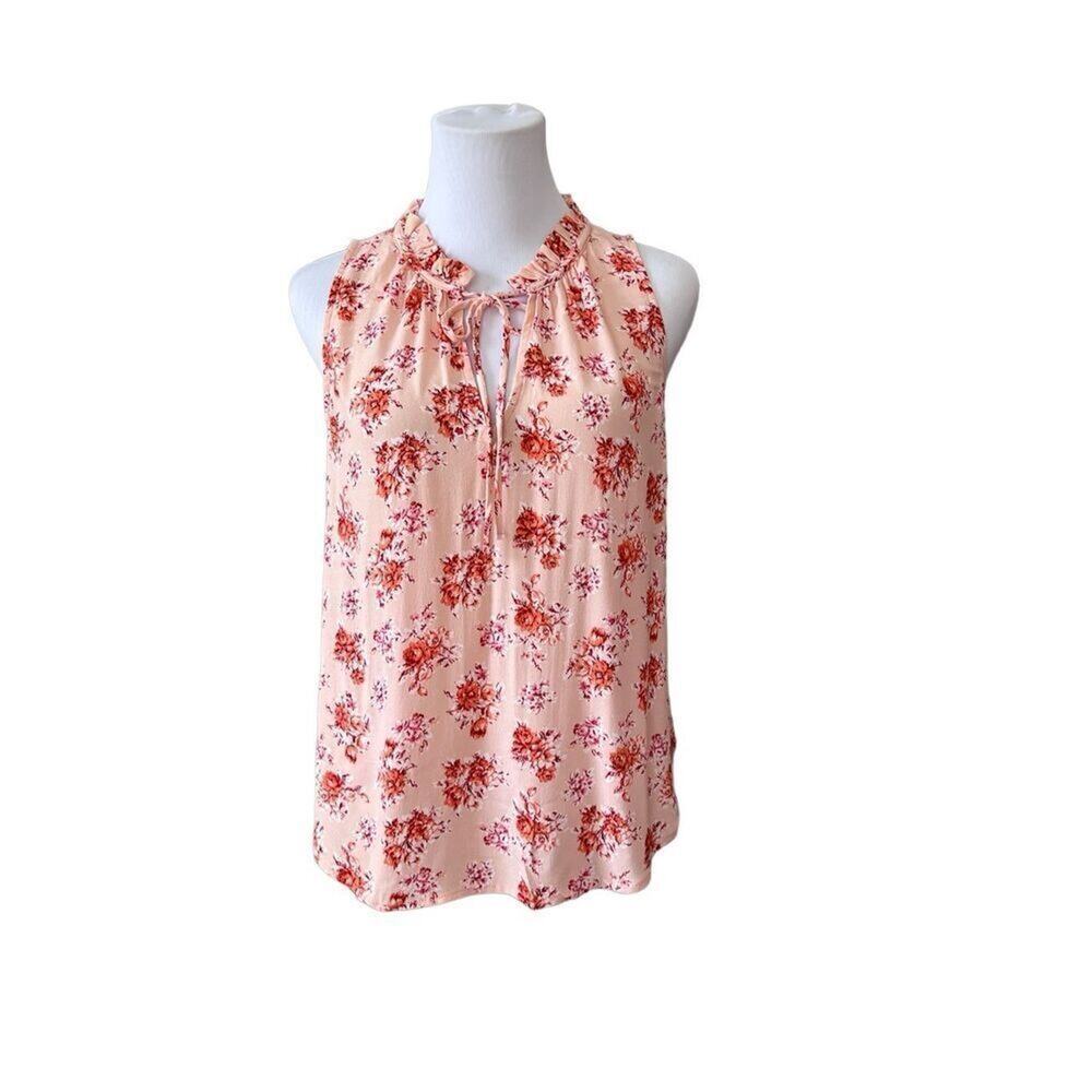 Loft Sleeveless Peach Floral Ruffled Tie Front Blouse XS Cotttage Soft Girl NWT
